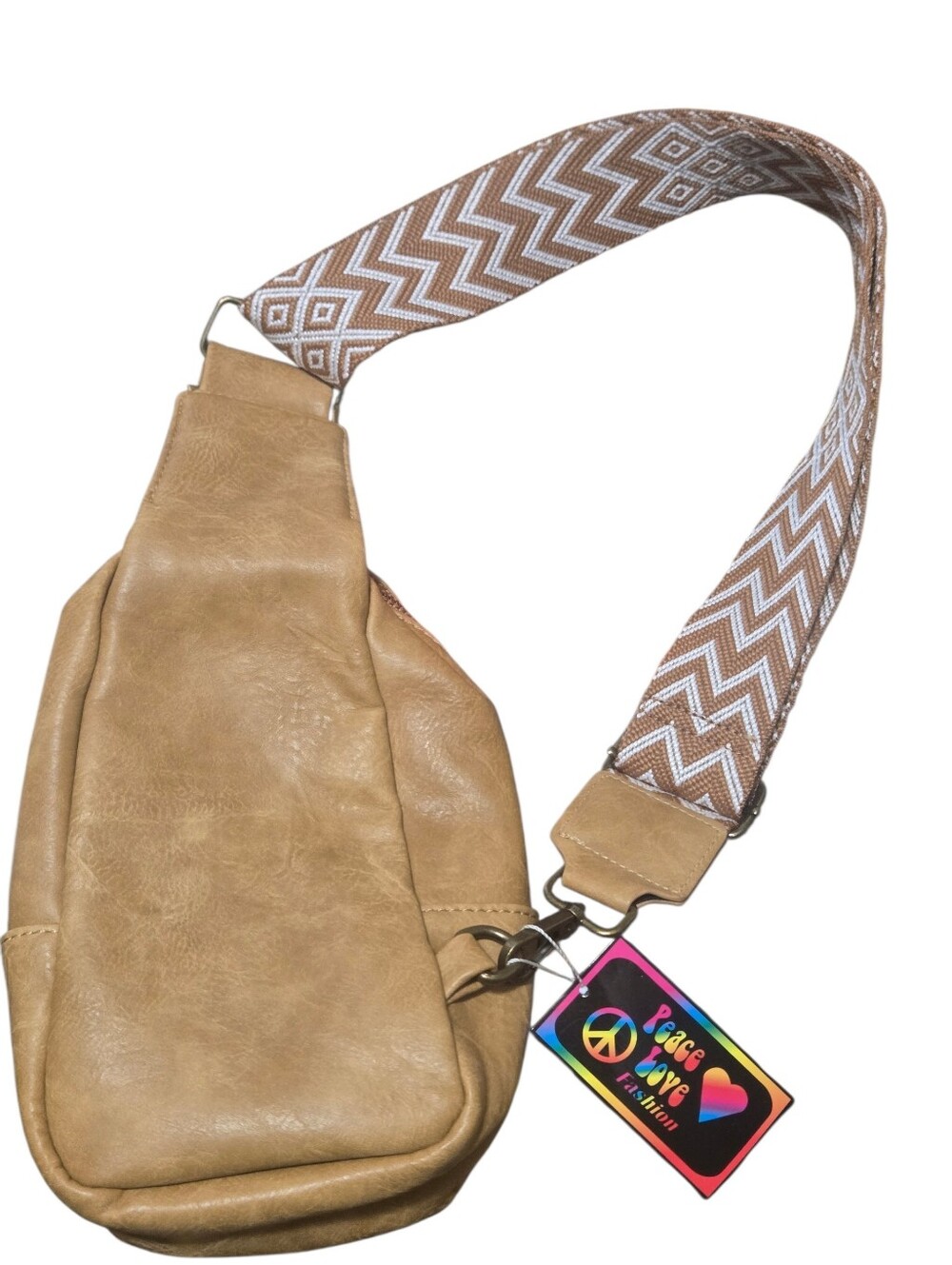 Tan Faux Leather Crossbody Sling Bag with Patterned Strap